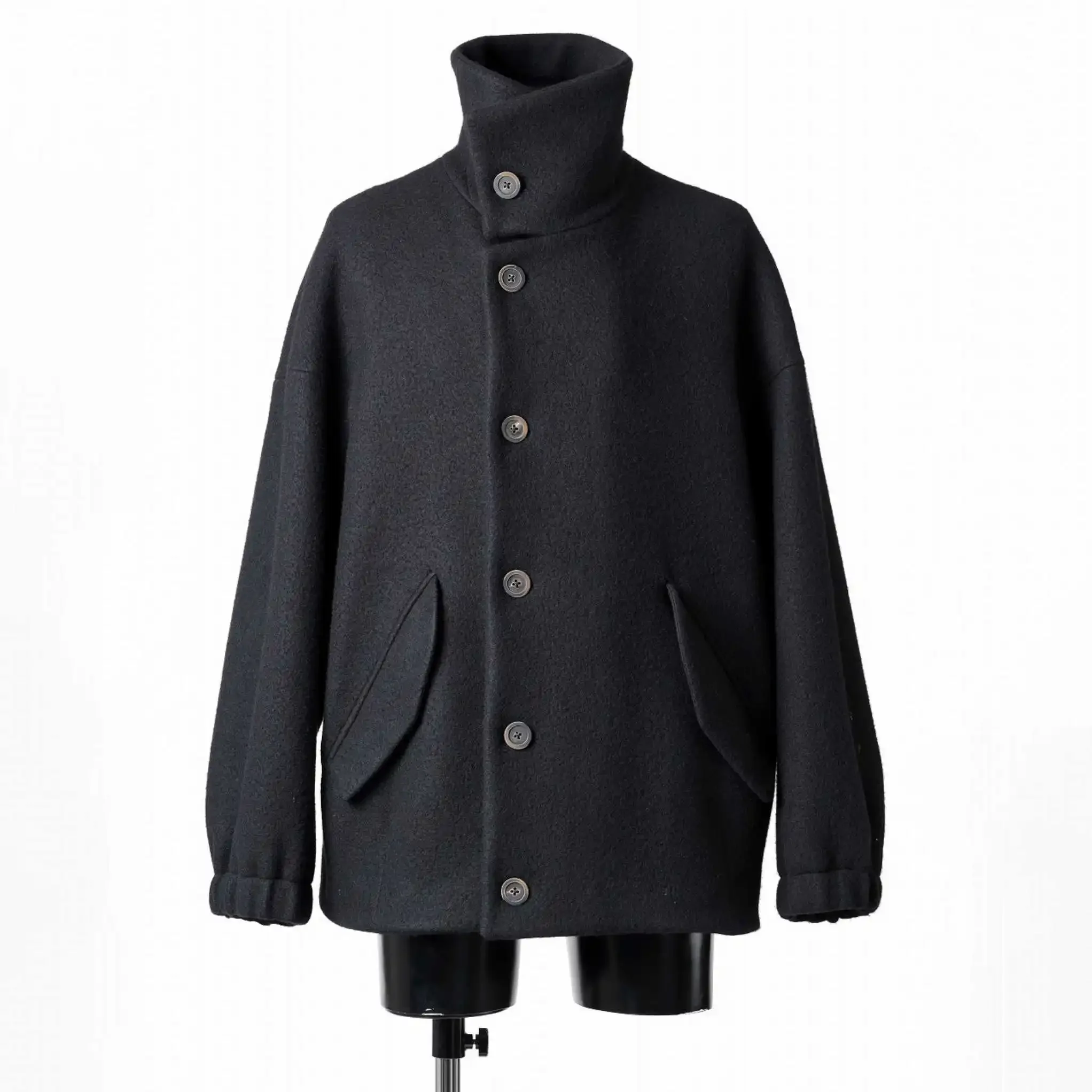 

YOJI OOAK Design Handsome Stand up Collar Single breasted Warm Wool Coat with Dropped Shoulders and Closed Sleeve Coat for Men