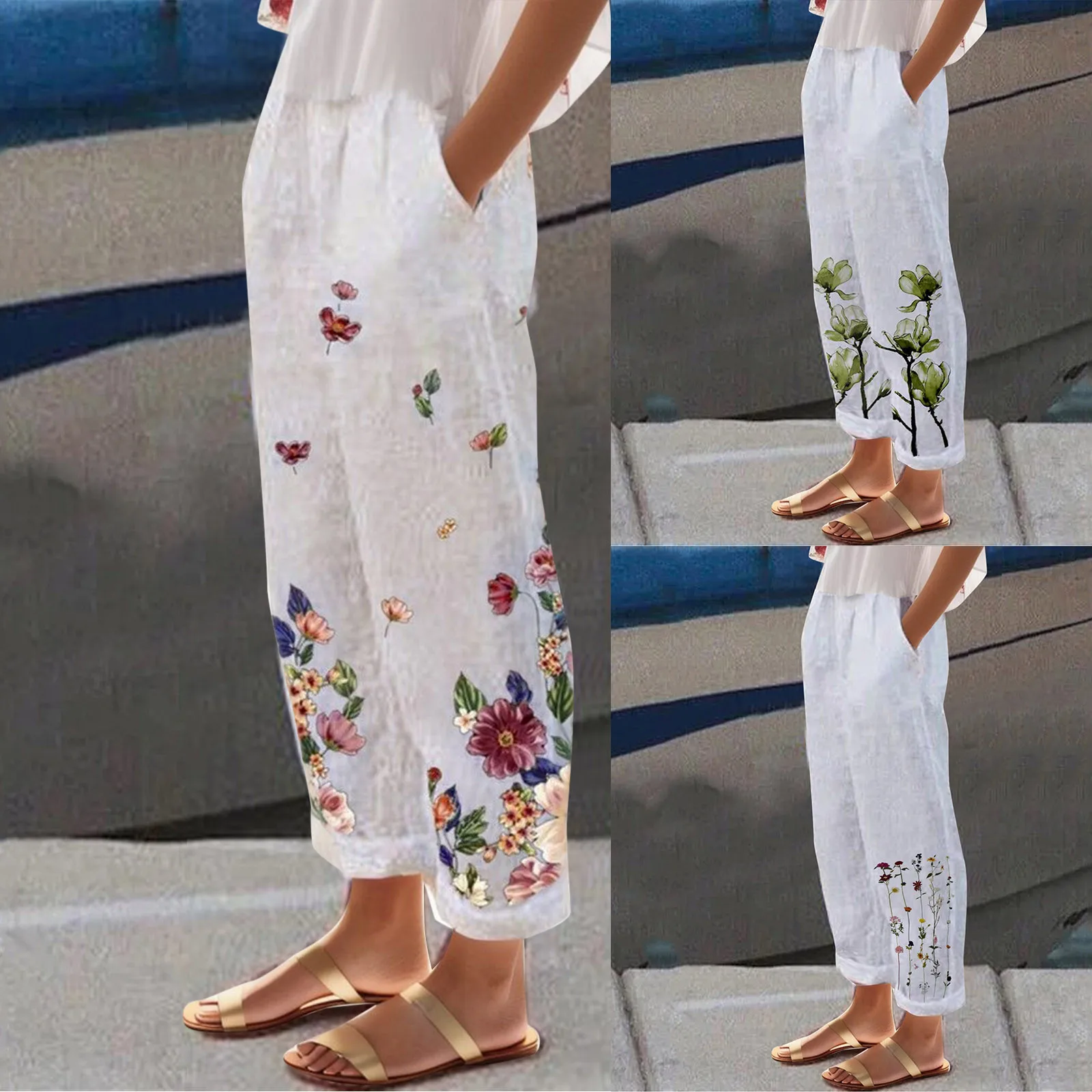 

White Cotton Linen Pants For Women 2024 Fashion Loose Full Length Ladies Trousers Casual Elastic Waist Wide Pants For Women