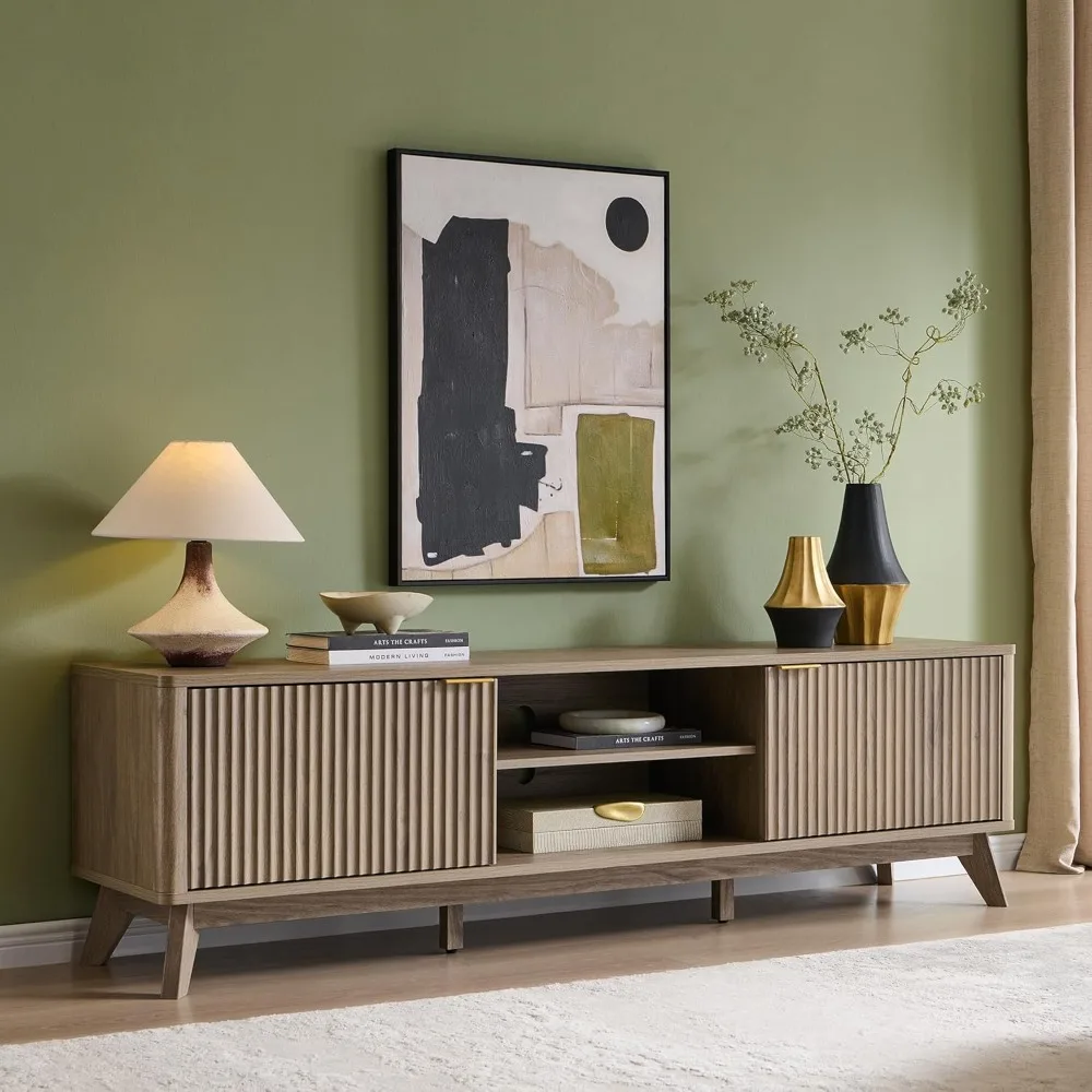 

Mid Century Modern 70 Fluted TV Stand: Entertainment Center and Sideboard for Living Room with 2 Soft Close Doors