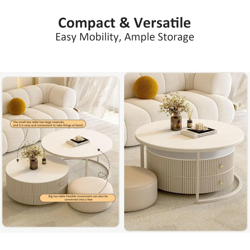 Nesting Coffee Table Set of 2 with Leather Stool - Ivory Wood Grain Circular Embossed Design Coffee Table with 2 Drawers