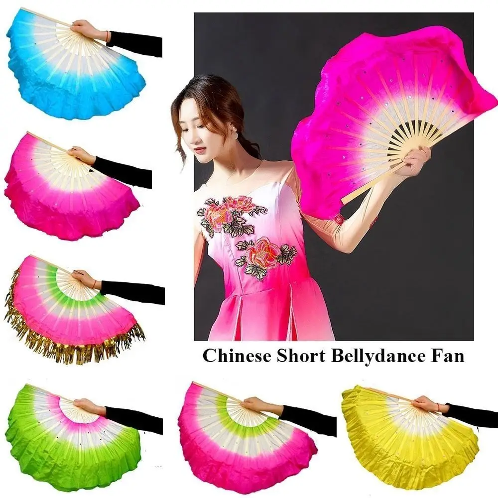 

30cm Bamboo Chinese Short Bellydance Fan 15cm Half Circle Silk 10 Styles Bamboo Fans 5 Colors Hand Dye Adults Fan