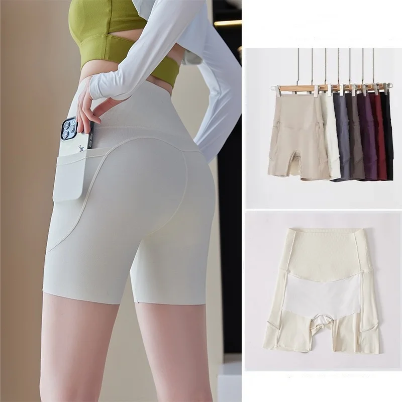 Summer Belly-tightening Buttock Lifting Fitness Yoga Three-quarter Pants for Women Cycling Pocket Sports Shorts for Outer Wear