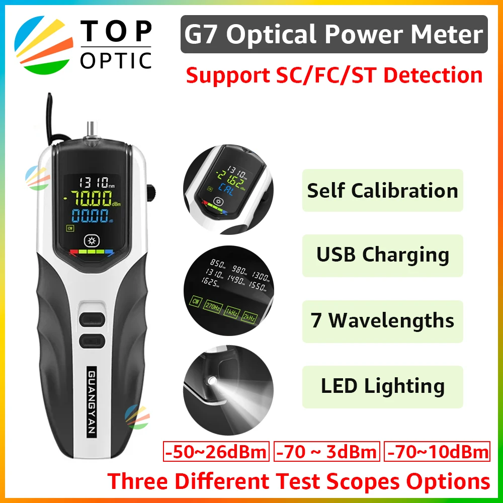 

G7 Fiber Optical Power Meter -70 to +3/-70 to +10/-50 to 26dBm Portable Optic Cable Tester SF/FC/ST Optional Connector OPM