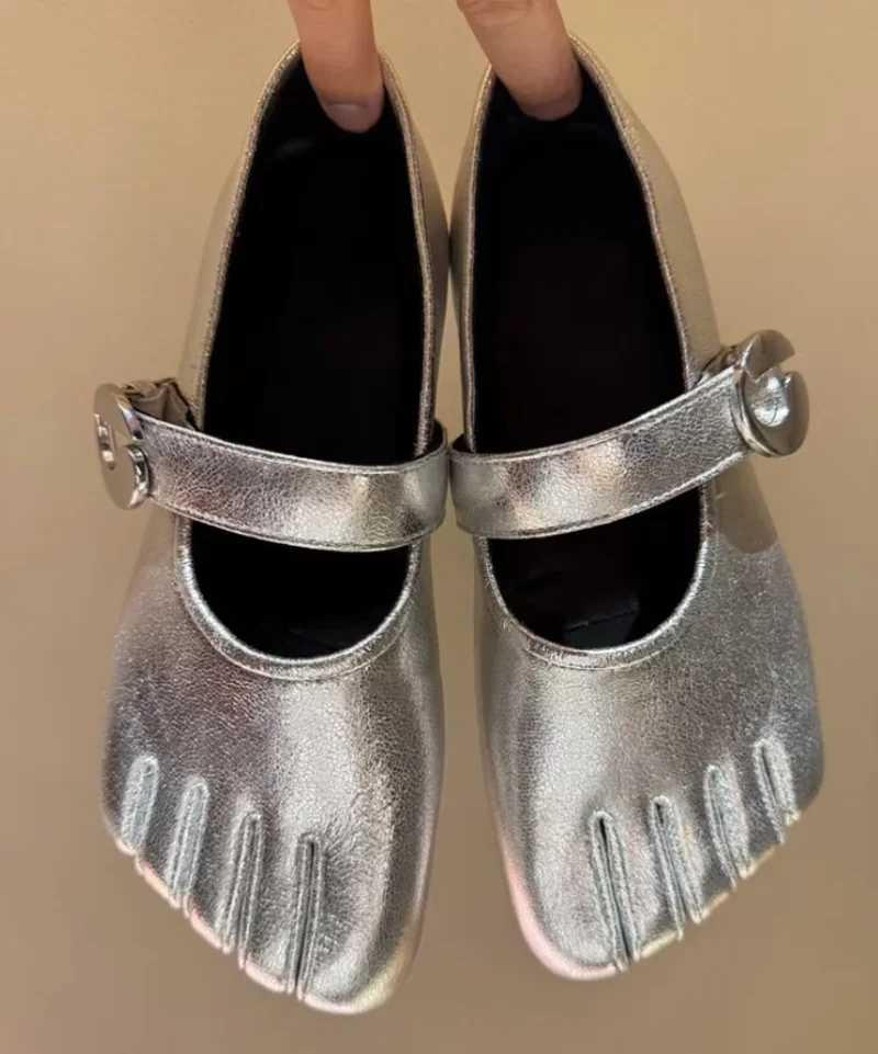 Women Black White Sliver Rhinestone Split Toe Five-Finger Shoes Leather Mary Jane Flats Buckle Strap Ballet Fashion Casual Shoes