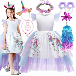 Kids Long Tail Unicorn Dress Layered Mesh Girls Birthday Party Dress Princess Carnival Costume Hairband Pastel Rainbow Gowns