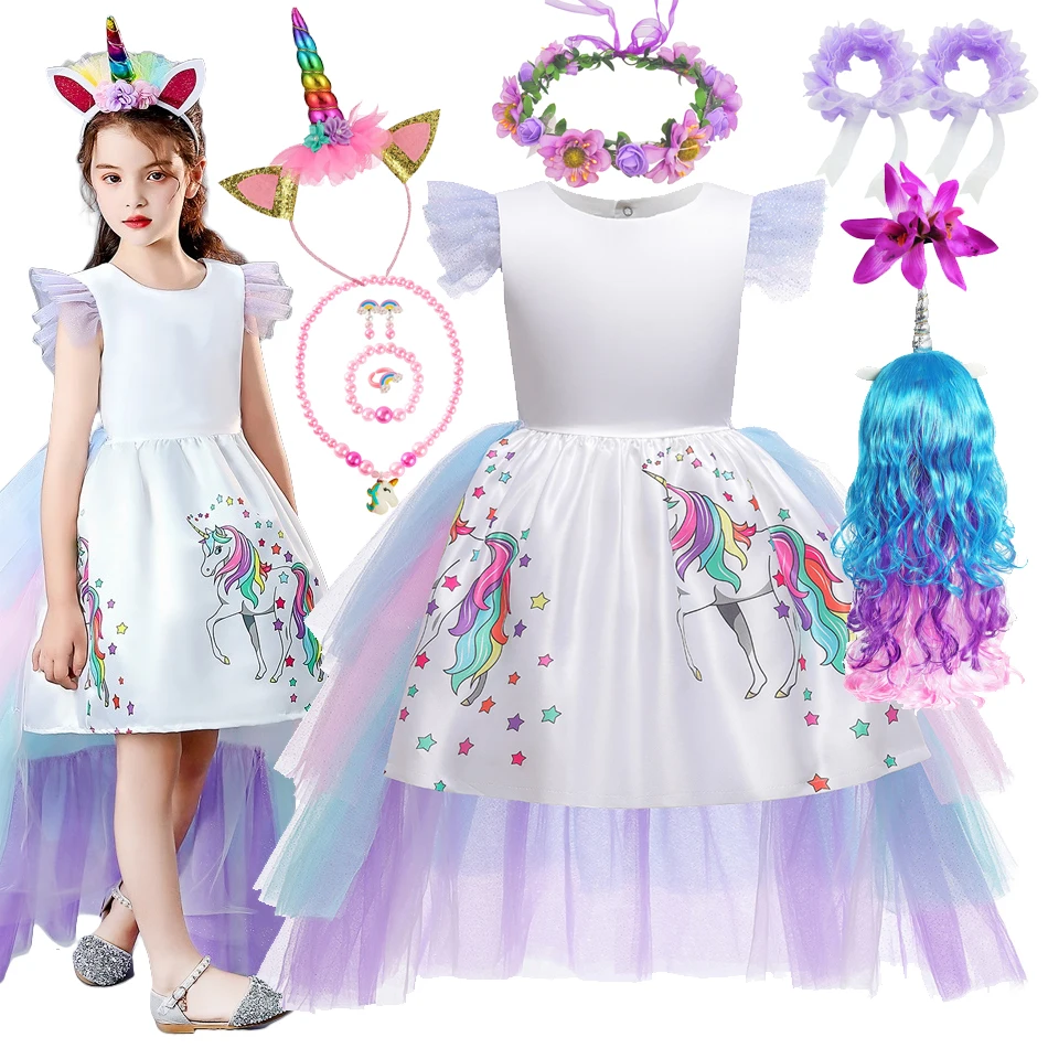 Kids Long Tail Unicorn Dress Layered Mesh Girls Birthday Party Dress Princess Carnival Costume Hairband Pastel Rainbow Gowns