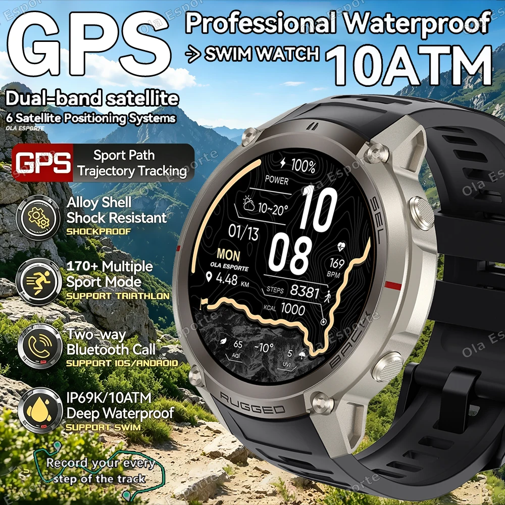 New Built-in GPS Smart Watch 5ATM Waterproof AMOLED Men HD Call 170+ Sports Run tracker Outdoor Compass Military Smartwatch 2026