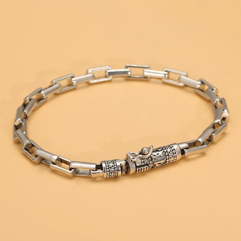 

S925 thai silver retro simple ethnic style six-character mantra bracelet men's domineering fashion jewelry