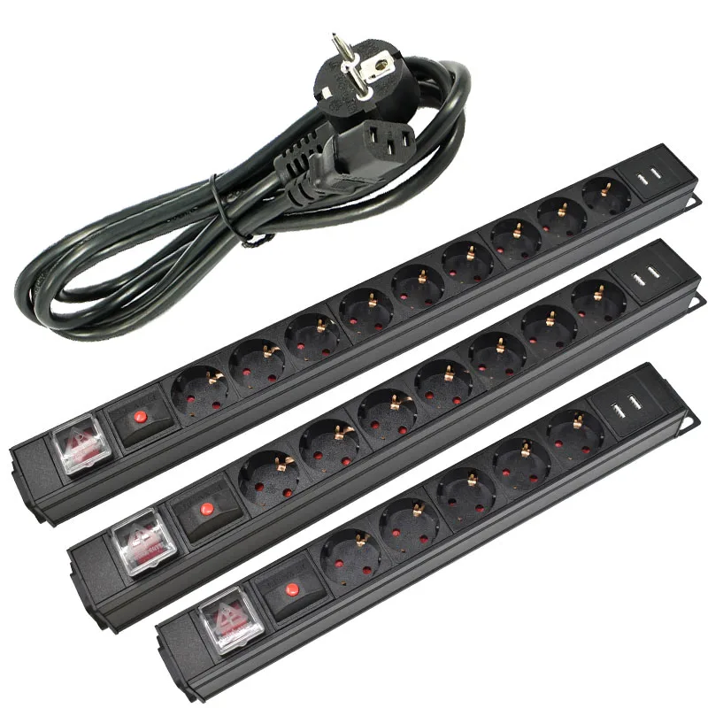 Aluminum alloy 2/3/4/5/6/7/8/9 Ways PDU Power Strip EU Power Strip Socket with IEC-C14 Port with   USB overload protection