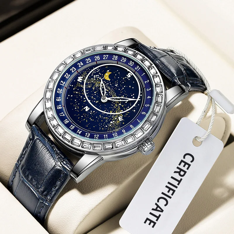 

Stainless Steel Diamond Rotating Full Starry Sky Luminous Waterproof Precision Leather Strap Self-Wind Automatic Watch for Men