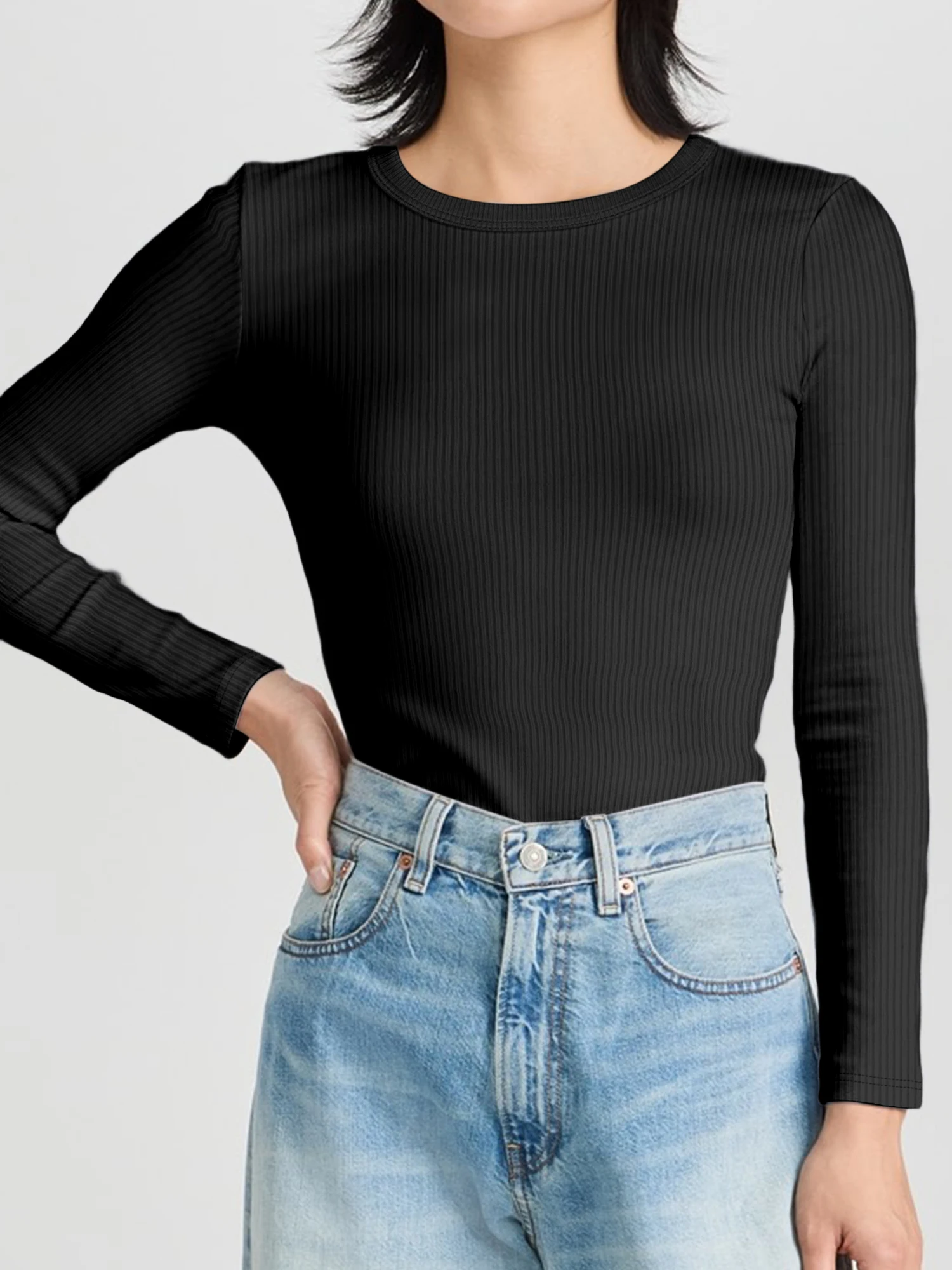 Women Crew Neck Vertical Rib Long Sleeve T‑Shirt Slim Bodycon Top Y2K Minimalist High Elastic Casual Autumn Layering Shirts