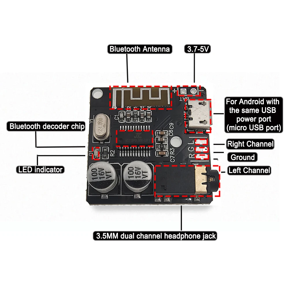 Bluetooth-Compatibele 5.0 Audio Decoder Board Mp3 Decoder Muziekmodule 3.7-5V Auto Luidsprekerversterker Modificatie Met Micro-Poort