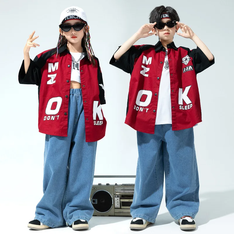 Teenage Hip Hop Clothes Suit Girls Jazz Street Dance Costume Kids Long Sleeve Shirt Denim Pants Sets Ballroom Dancewear Clothing