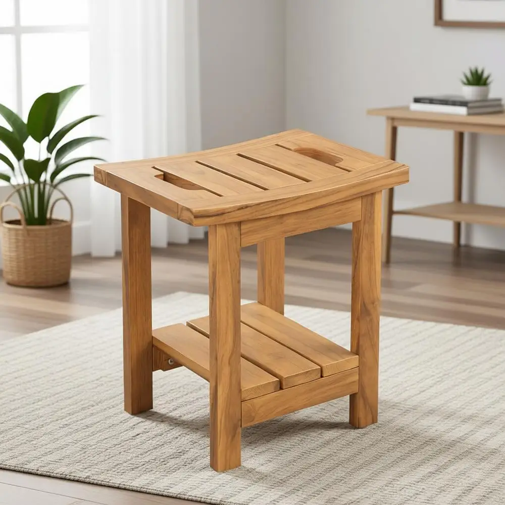 

14 Teak Shower Seat with Shelf and Handle, Durable for Up to 300 Lbs, Natural Finish