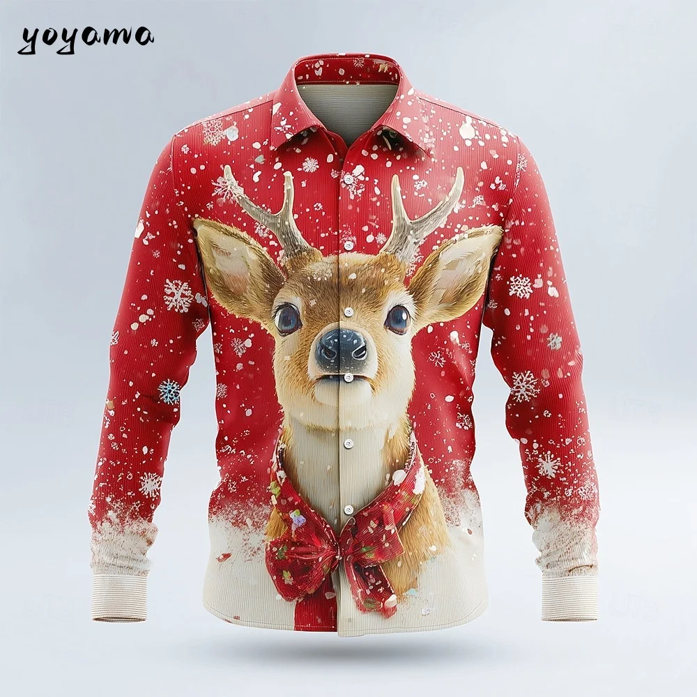 2025 Christmas Theme Men's Snowflake Christmas Animal Printed Shirt Button up Shirt Casual Long Sleeve Shirt Street Men's Shirts
