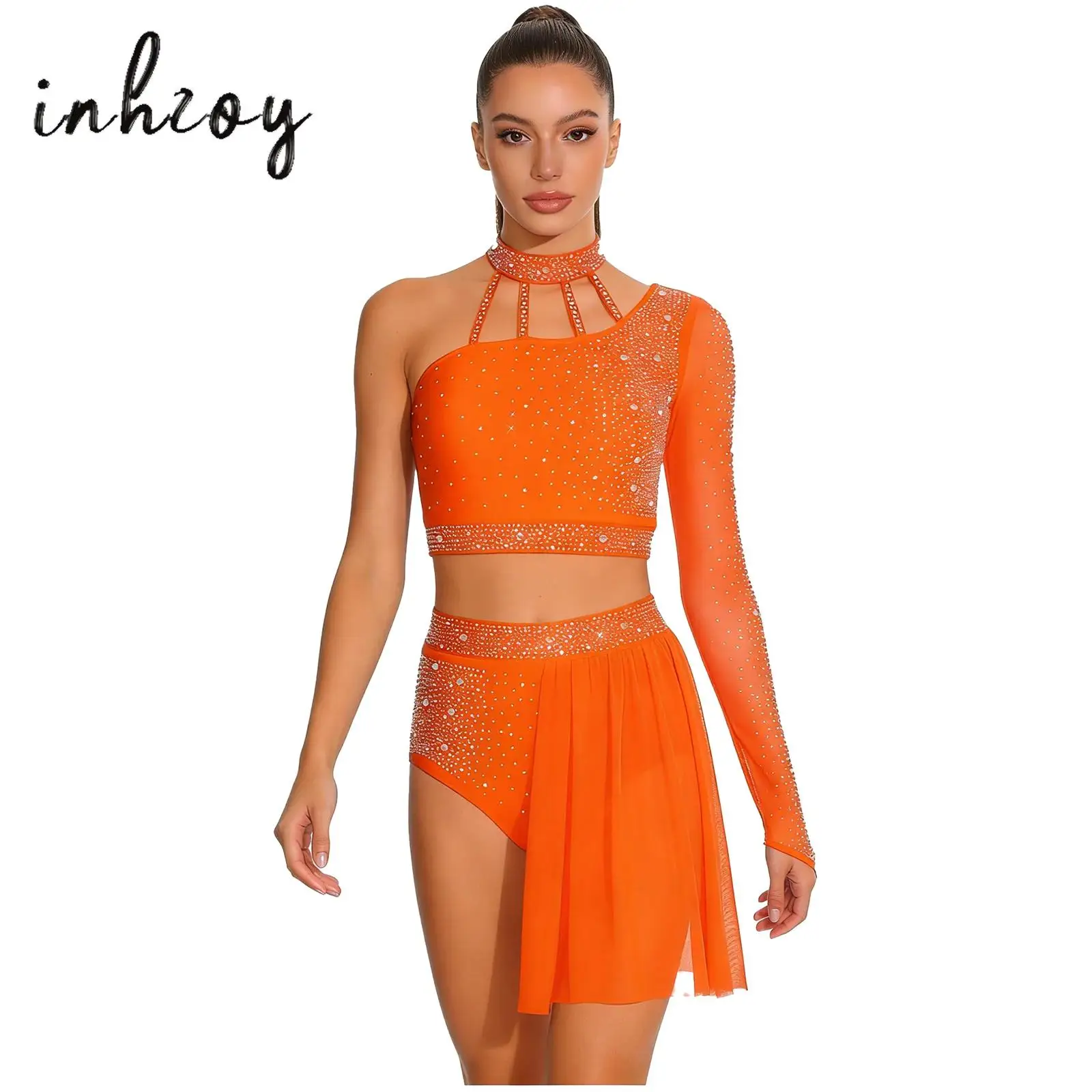 

Womens Latin Dance Outfit Halter Stappy Back Asymmetrical Single Long Sleeve Rhinestone Crop Top+Mesh Skirt Shorts Dance Costume