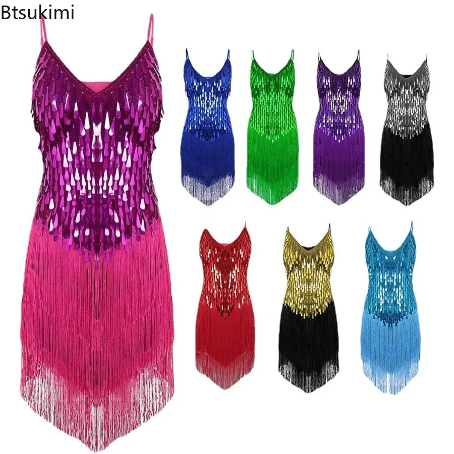 Abito da ballo latino con paillettes lucide da donna Nappa scintillante Party Dancewear Costume di scena Sala da ballo Salsa Samba Rumba Jazz Tango Outfit