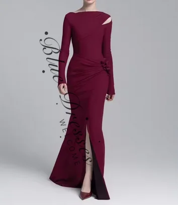 

Вечерние платья из крепа с длинными рукавами по индивидуальному заказу и разрезом Русалка с круглым вырезом, плиссированное вечернее платье длиной до пола на молнии для женщин