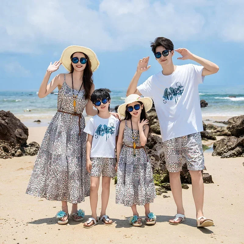 Vacation Couple Look Family Matching Clothes Mom Daughter Resort Dress Holiday Beach Dad Son Cotton T Shirt Shorts Set 2 Pieces