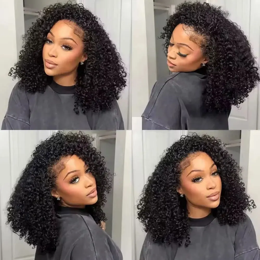 Half  Wig Human Hair Machine Wigs Upgrade 3 IN 1 Half Wig With Drawstring Seamless Clip Ins Flip Over Kinky Curly Human Hair  For Women 250% Density