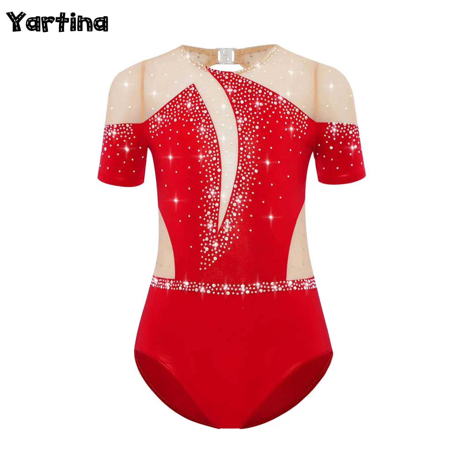 

Kids Girls Gymnastics Figure Skating Ballet Jersey Dance Leotard Costume Back Sheer Mesh Shiny Rhinestones Metallic Bodysuit