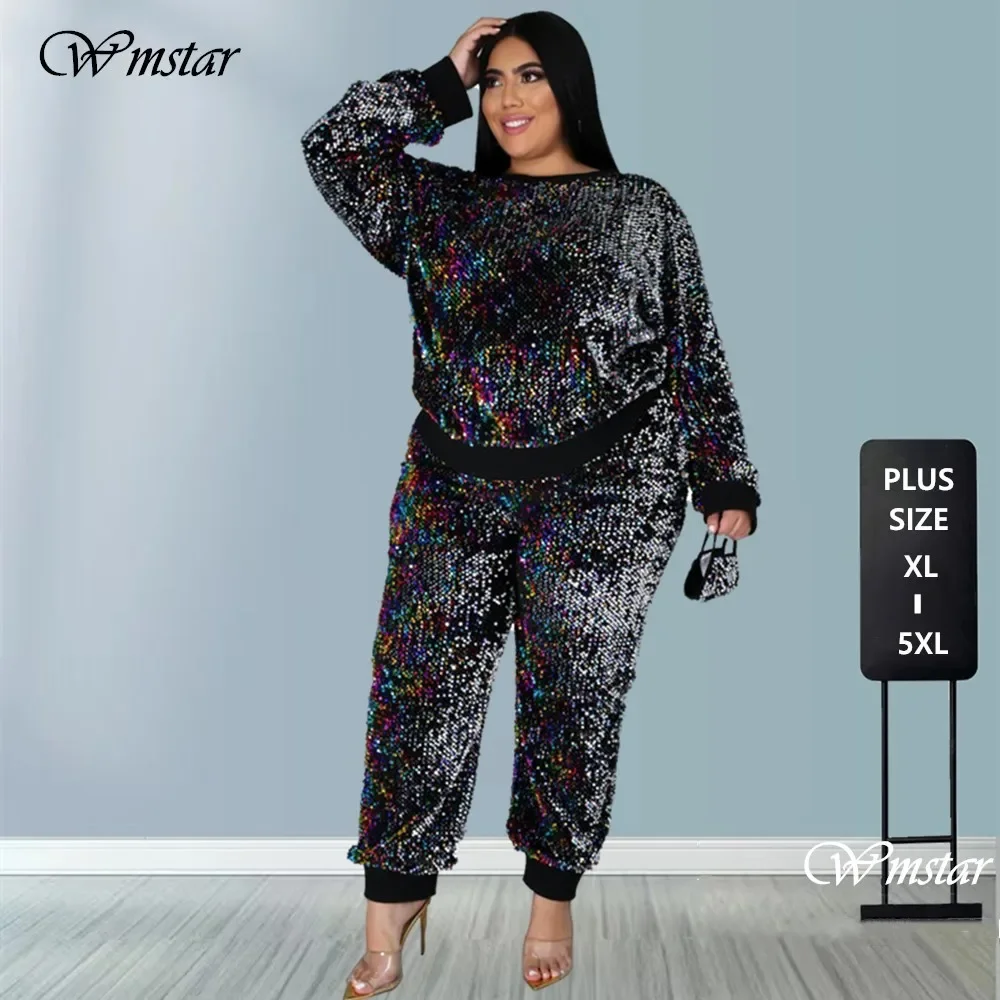 Winter  Plus Size S-5XL Clothing For Women Two Piece Set Sequins Birthday Outfit Joggers Tracksuit Wholesale Dropshipping 2021