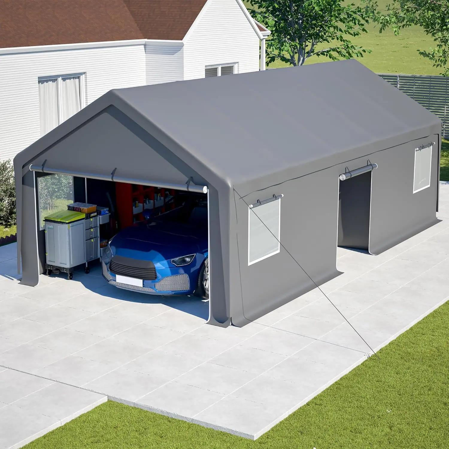 

Навес для автомобиля 13'x26'x10' повышенной прочности с выдвижными боковыми стенками и вентилируемыми окнами, съемный, на заказ