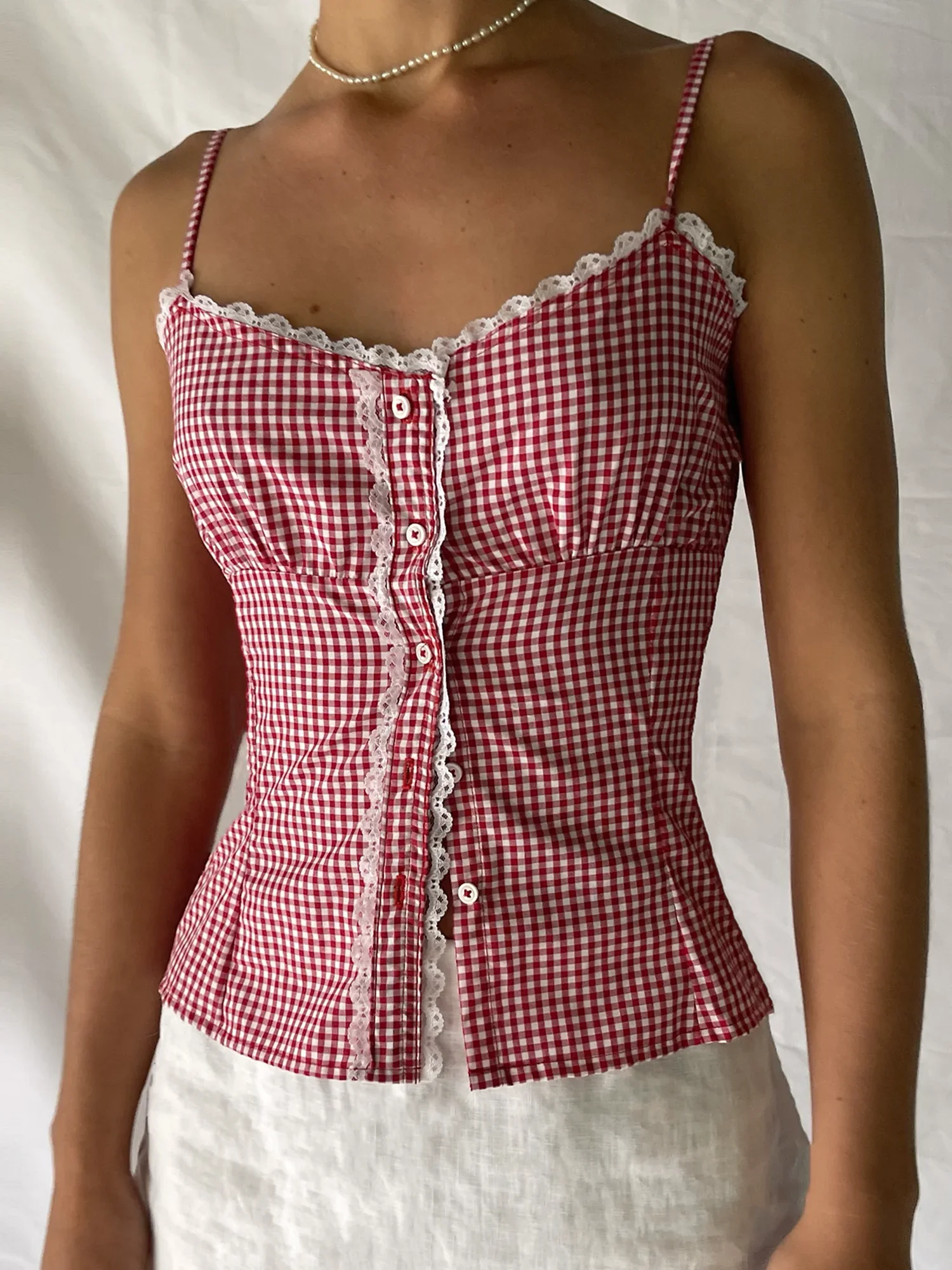 Women's Lace Trim Camisole Summer Hotsweet Plaids Sleeveless Sweetheart Neck Button Down Slip Crop Vest Tops for Summer