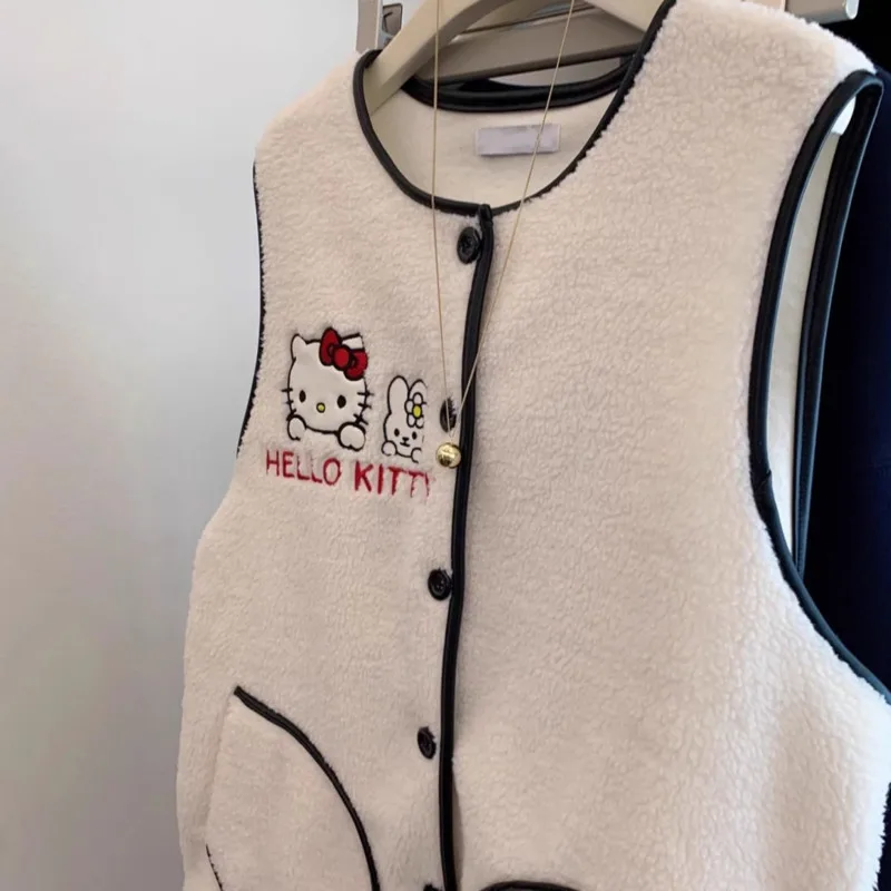 Hello Kitty Sleeveless Faux Shearling Vest with Smiley Pocket & Peek-a-Boo Design, Kawaii Cartoon Vest for Women's Casual Wear