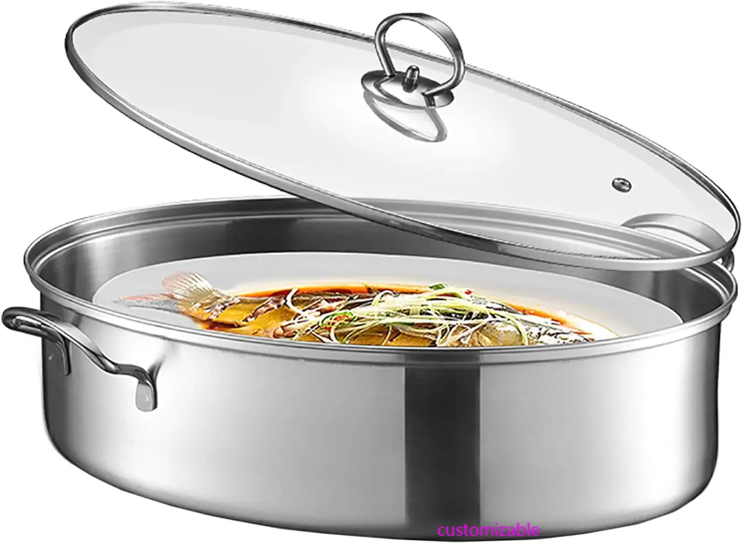 

8Qt Stainless Steel Fish Steamer - Multi-Use Oval Cookware with Rack, Ceramic Pan, Chuck - Stockpot for Steaming Fish
