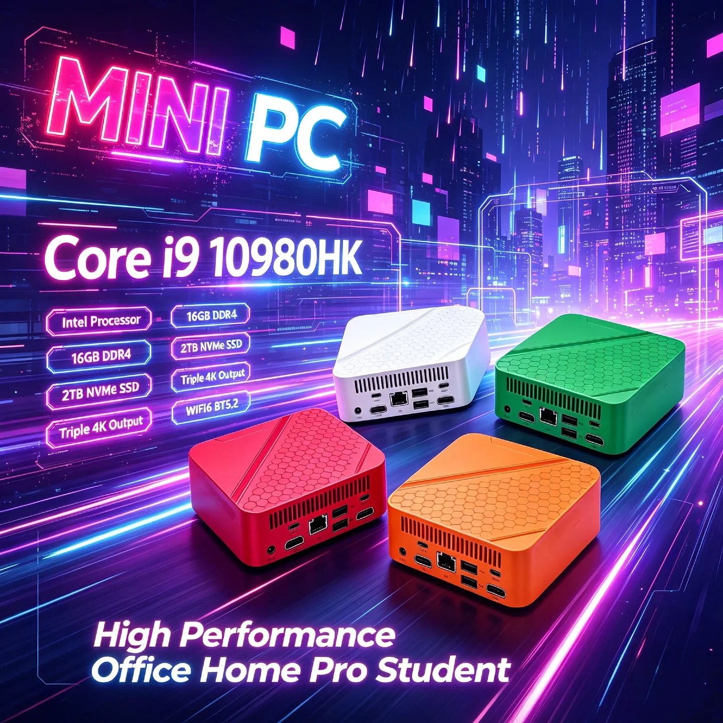 Intel Core i9-10980HK Mini Desktop 16GB DDR4 2TB NVMe SSD High Performance Triple 4K Output WiFi6 BT5.2 Office Home Pro Student