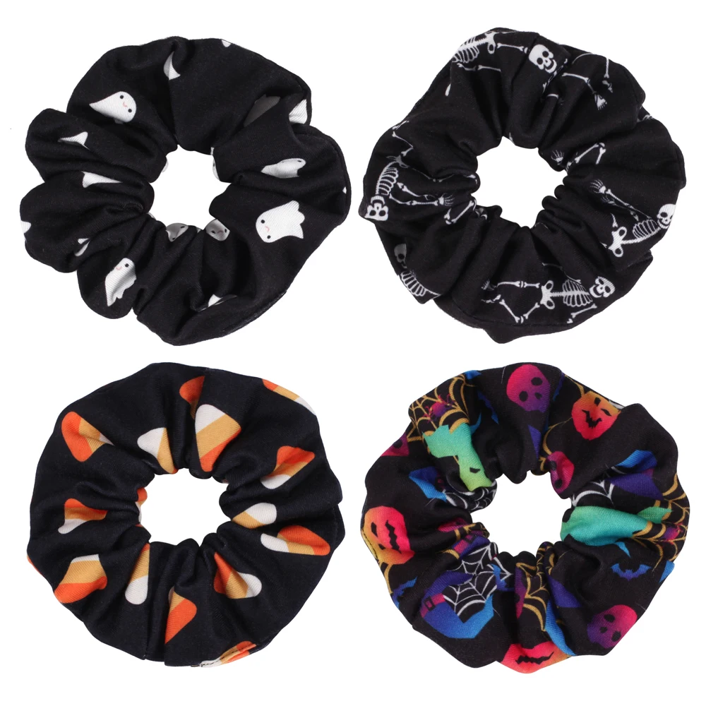 ID:1005005578254225 Ghost Skull, Pumpkin, Spider Web, Bat Pattern Halloween Hair Scrunchies Hair Ties Band