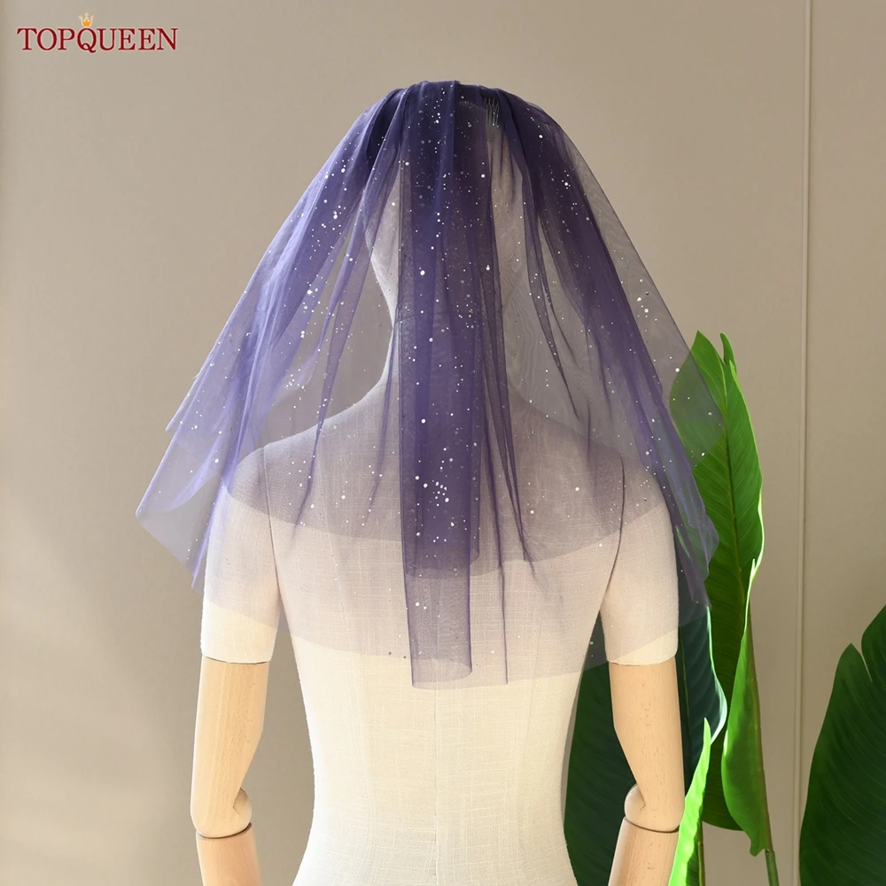 

Свадебная фата TOPQUEEN V265 с блестками, короткая фата для невесты, фиолетовая, синяя, бордовая, элегантная, на заказ