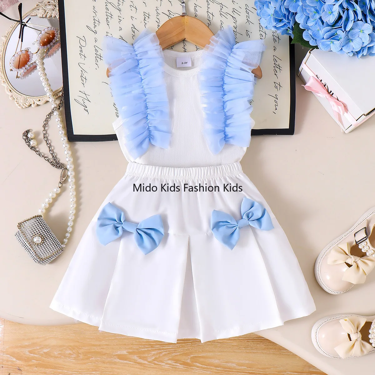 

Summer Girls Blue & White Mesh Sleeveless Vest Top & Bow Skirt Set, Performance Costume for 3-7Y