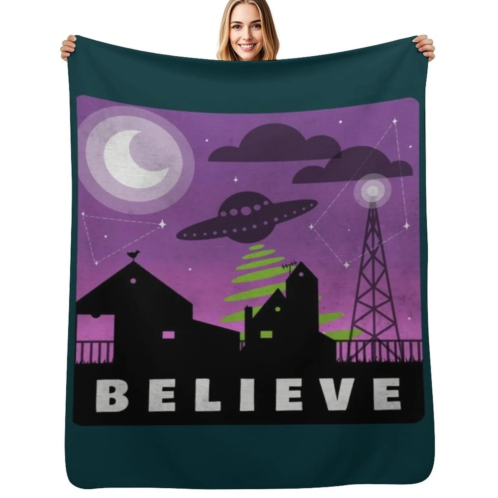 

Believe in aliens village nightscape Throw Blanket Fluffy Cozy Throw Blanket for Home Decor