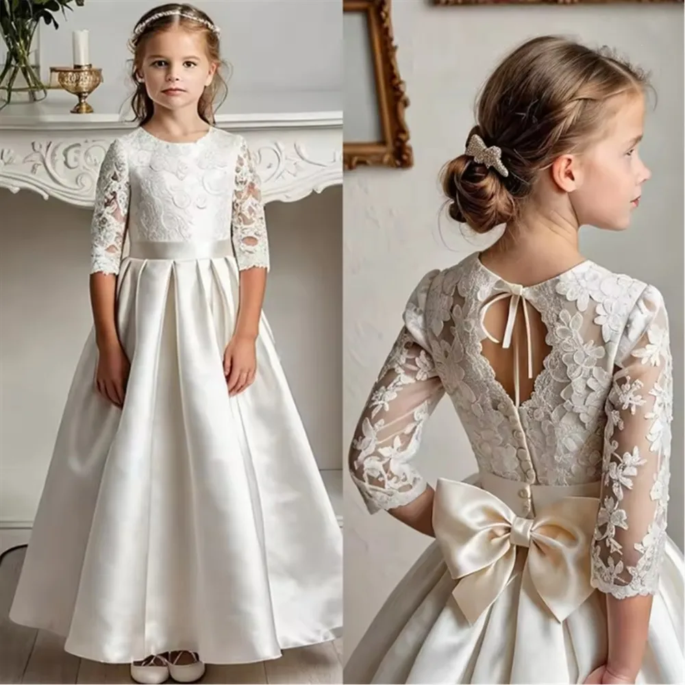 

Customized Elegant Flower Girl Wedding Dress Satin Lace Bow Half Sleeve Kids Girls Birthday Party Evening First Communion Dress
