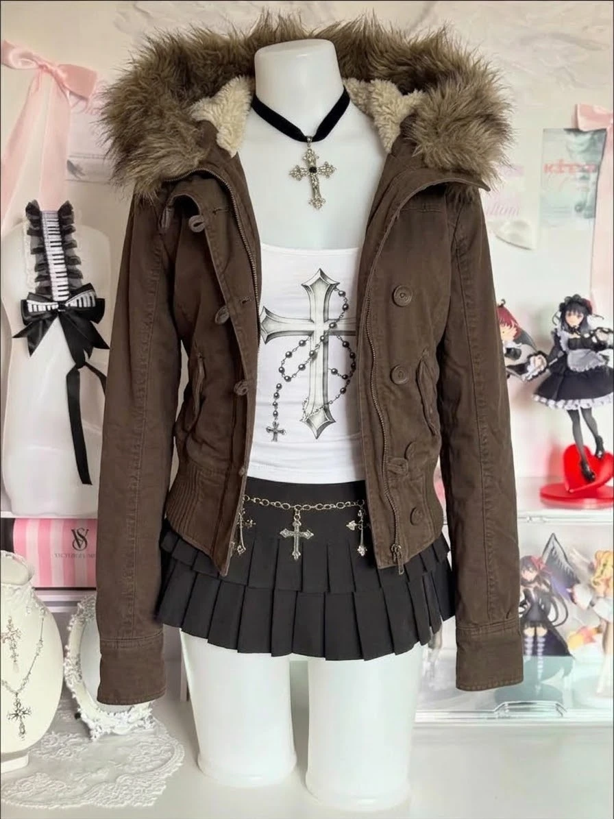 Y2K Vintage Faux Fur Parka Women Cotton‑padded Jacket Korean Style Warm Wind‑Resistant Casual Winter Outerwear Tops 2026