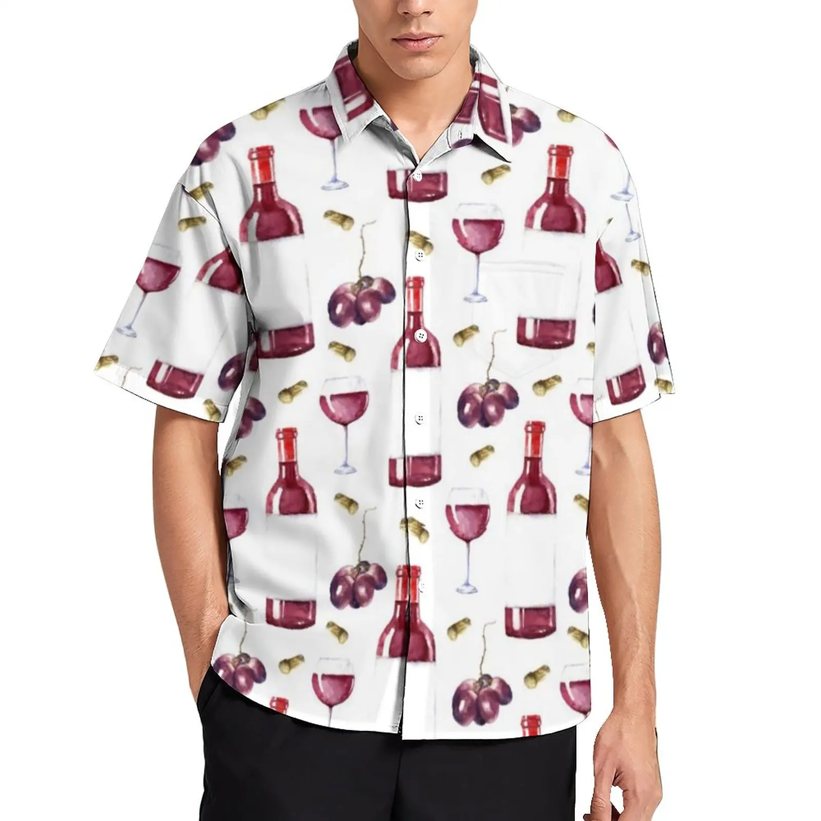 

Wine Lover Casual Shirts Red Wine Pattern Hawaiian Shirt Short-Sleeved Retro Blouses Mens Plus Size