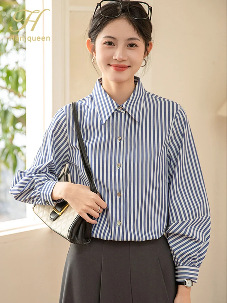 

H Han Queen Simple Stripe Single Breasted Autumn Office Long Sleeve Shirt Casual Korean Popular Clothes Loose Blouses Women Tops