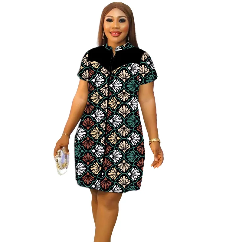 African Clothes Stand Collar Dress Zipper Original Design Patchwork Tailor Made Women\'s Dresses Colorful Print Party Wear