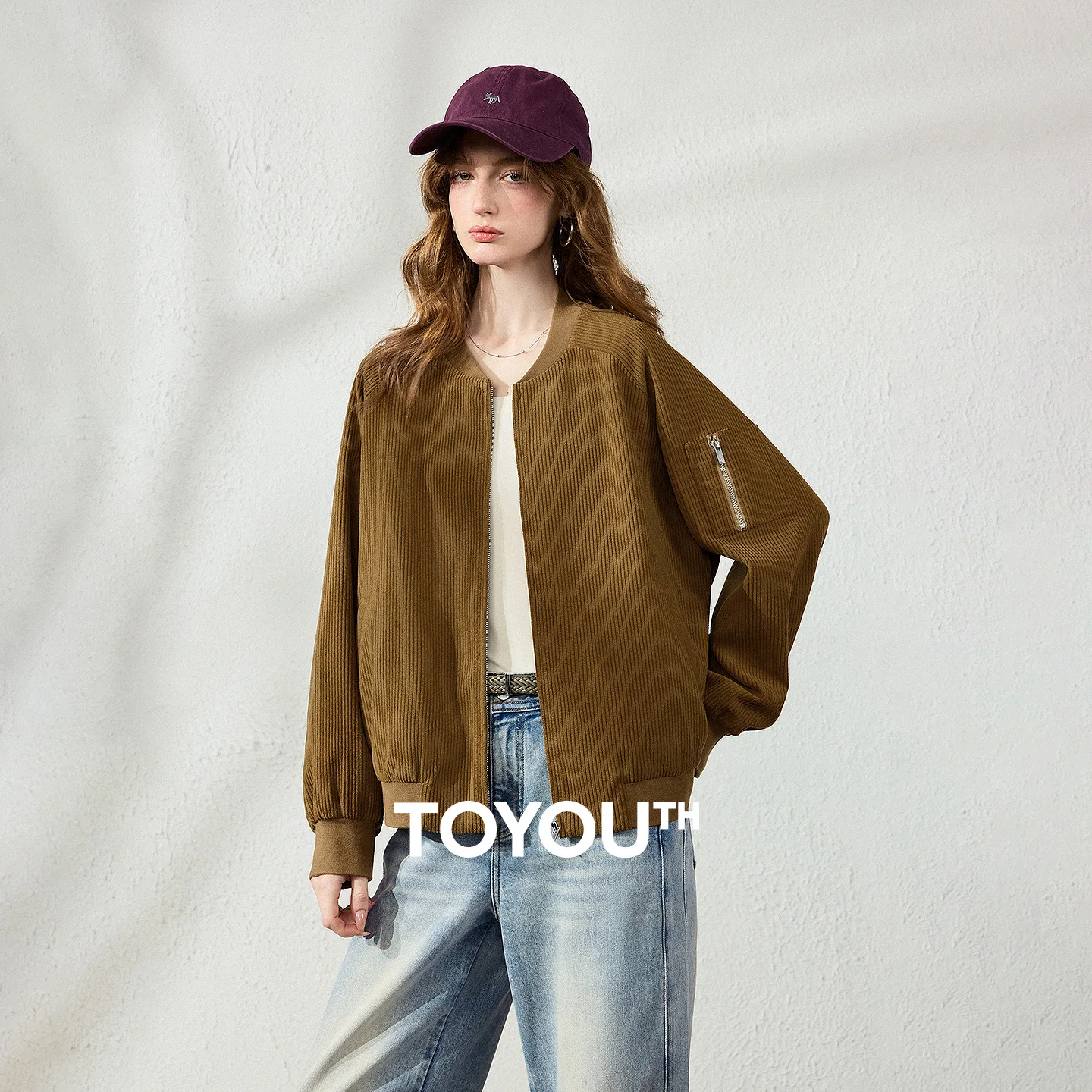 TOYOUTH Women Jacket 2026 Autumn New Olive Green Corduroy Loose Sleeve Zip Pockets Brightening Baseball Outerwear