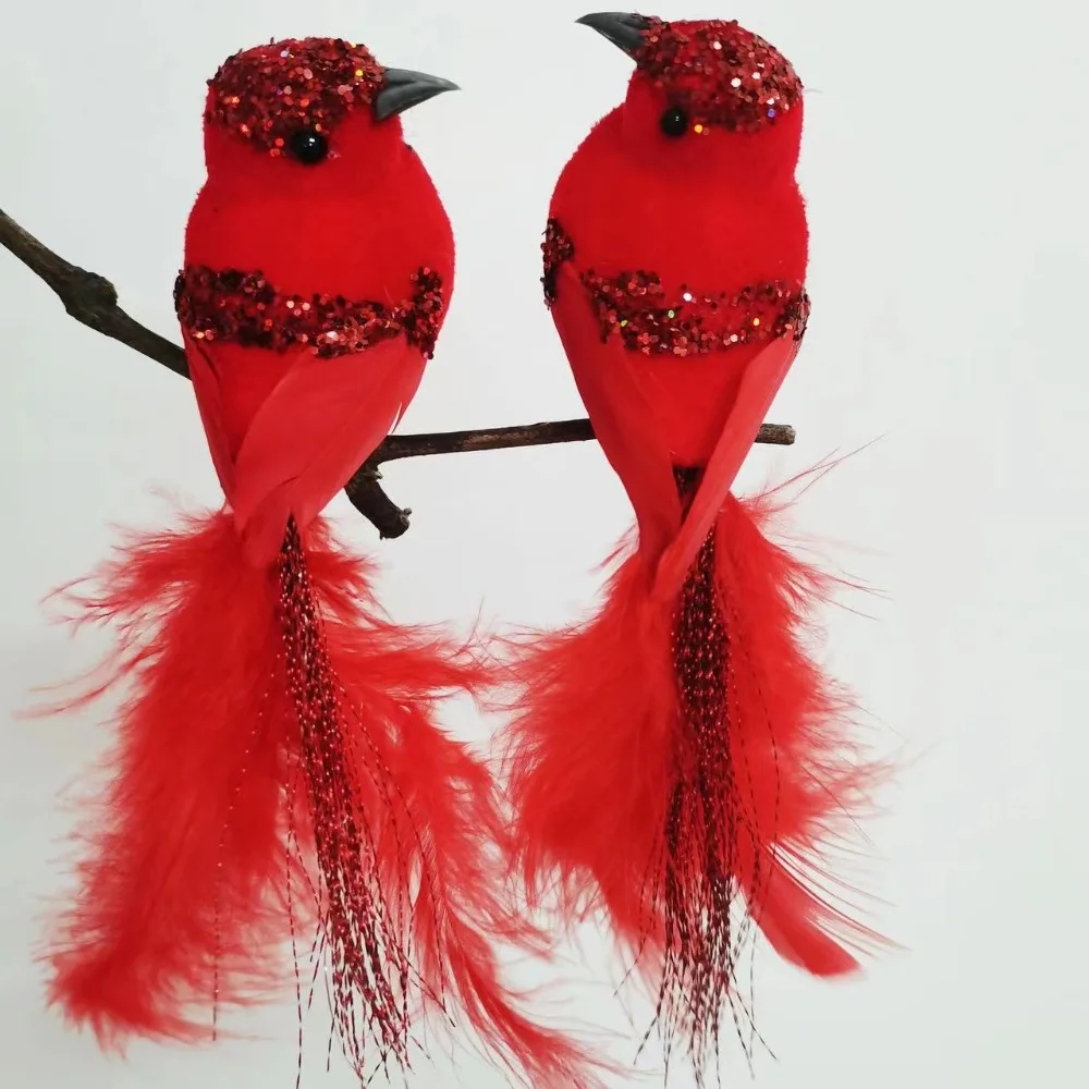 2Pcs with Glitter Feather Artificial Red Birds Lightweight Foam Simulation Feather Birds Clip-On Imitation Birds Theme Party