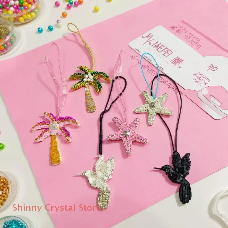 シングルココナッツパームツリーアップリケ、スパンコールヒトデとクリスタルアクセント、衣類用ハンドメイドビーズパッチ、バッグペンダント