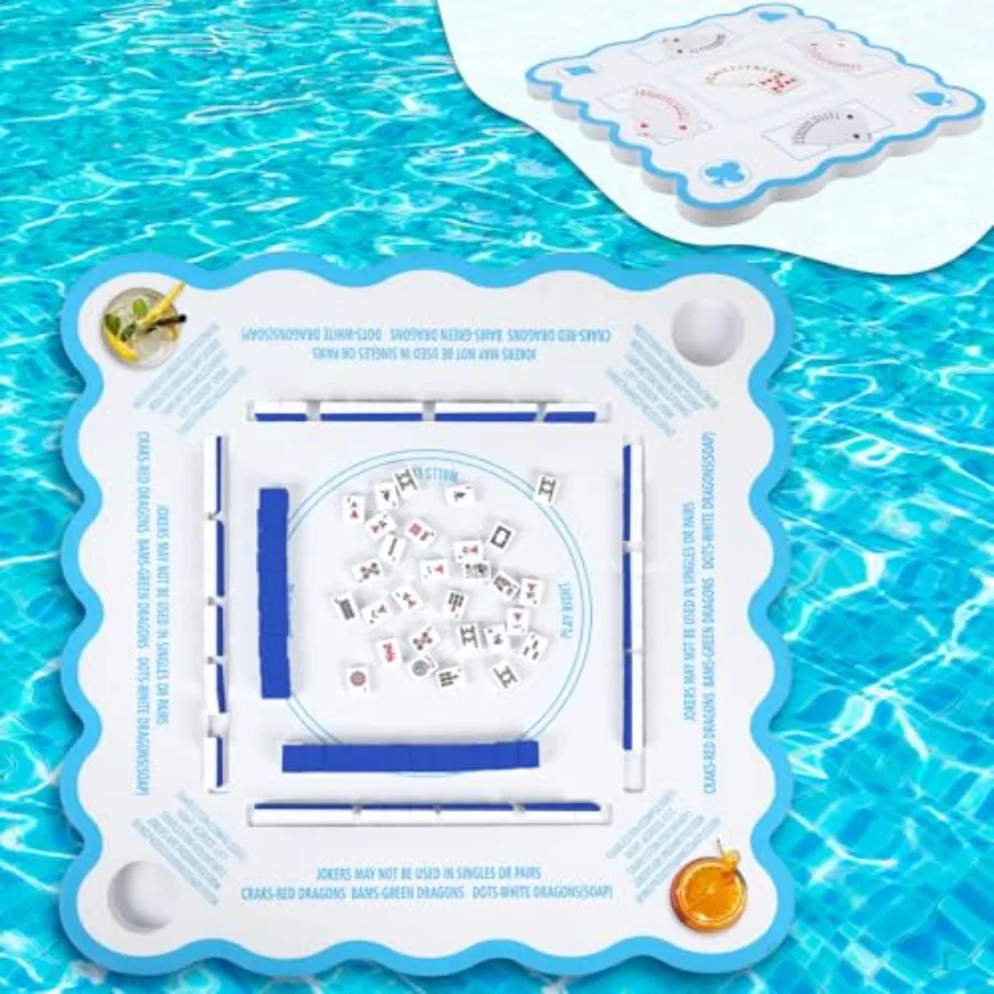 

Pool floating mahjong table tray EVA foam blue double-sided with printed rules for mahjong poker scrabble dominoes waterproof a