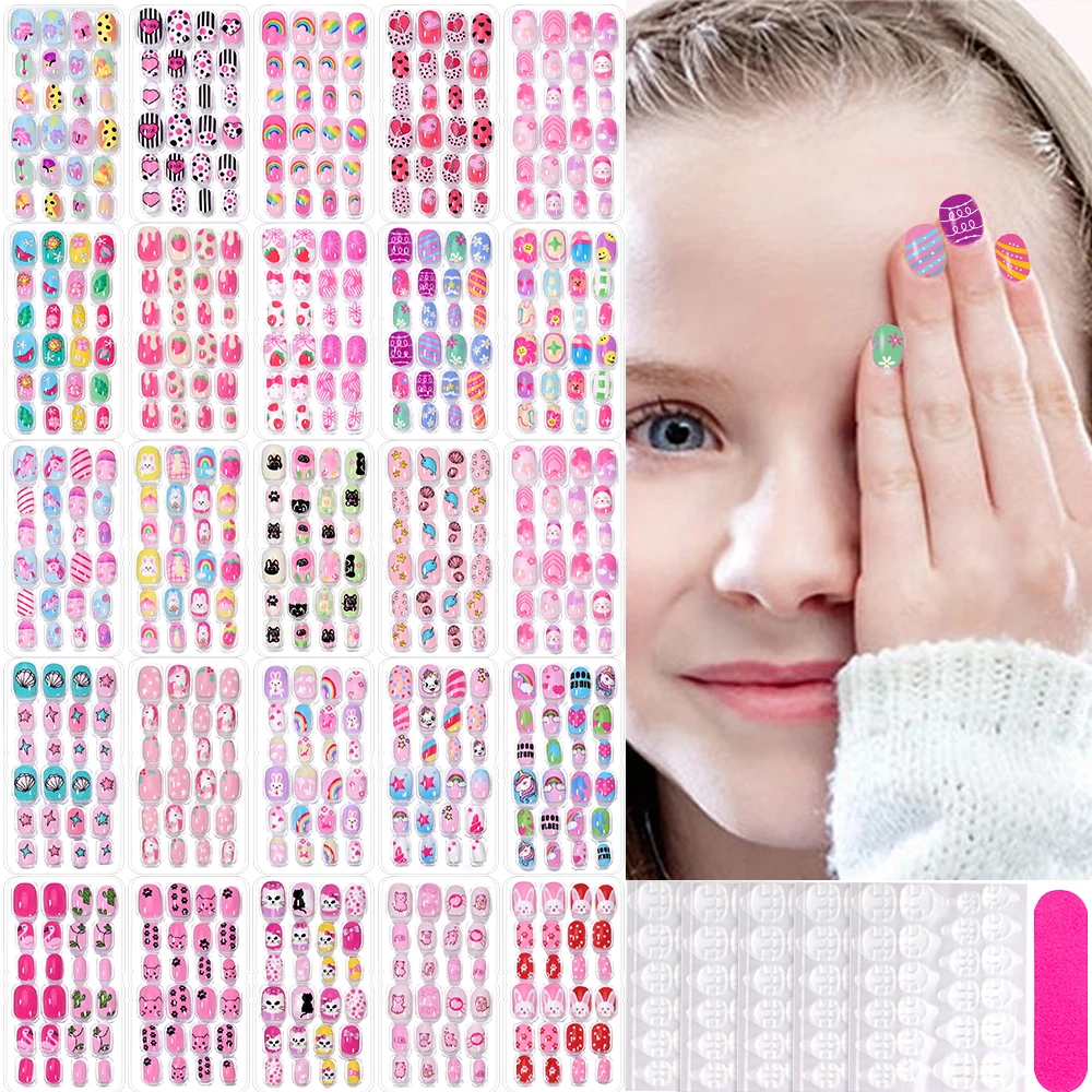 120Pcs Candy Child Nail Tips Full Cover Short False Kids Fingernails Colorful Festival  Press on Nails Grils Cute Manicure Tool%