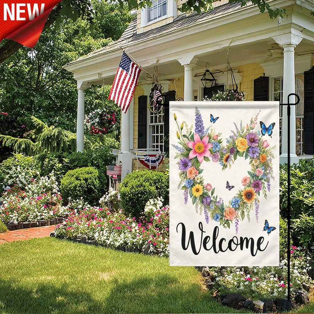 

1PC, Floral Heart Wreath Welcome Garden Flag Double Sided Spring Summer Butterfly Flower Decorative Yard Flag Rustic Outdoor Decorative Banner for Patio Lawn Porch Farmhouse Home Holiday Seasonal Decoration