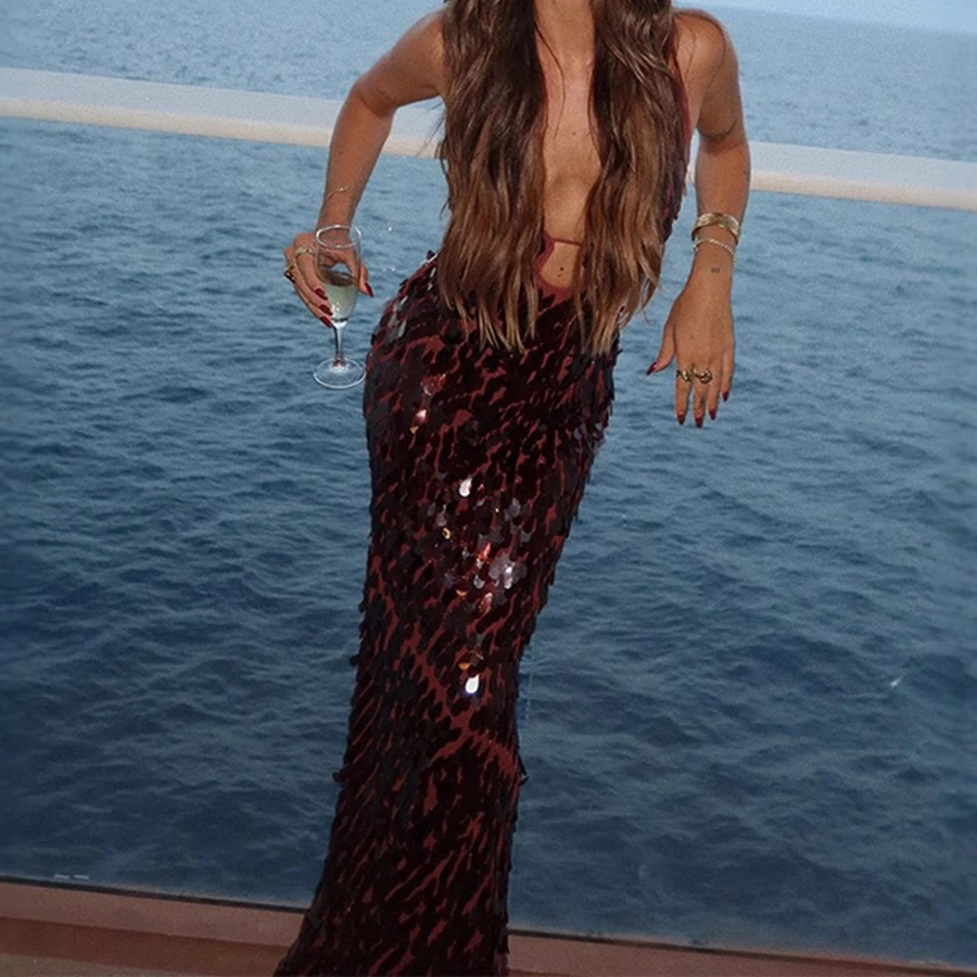 Luxury 2026 Collection Evening Party Women's Vestidos Spaghetti Strap Sequin Shiny V-Neck Fitted Long Dress