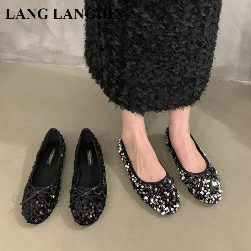 2023 New Autumn Bling Sequin Classic Ballet Shoes Women Round Toe Bowtie Ballerinas Casual Slip On Flats Elegant Valentine Mujer