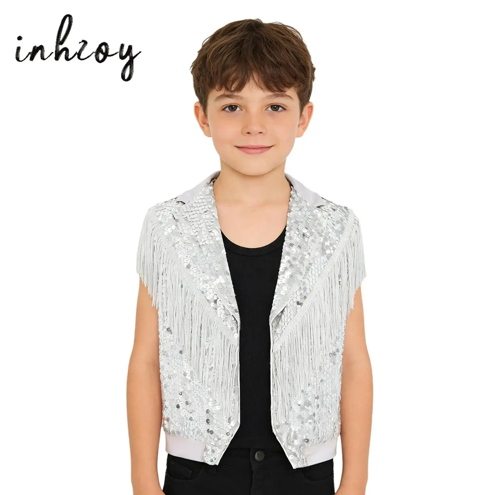 

Kids Boys Sequins Tassel Waistcoat Sleeveless Disco Hip Hop Jazz Latin Dance Tops Jacket Stage Performance Party Vest Gilets