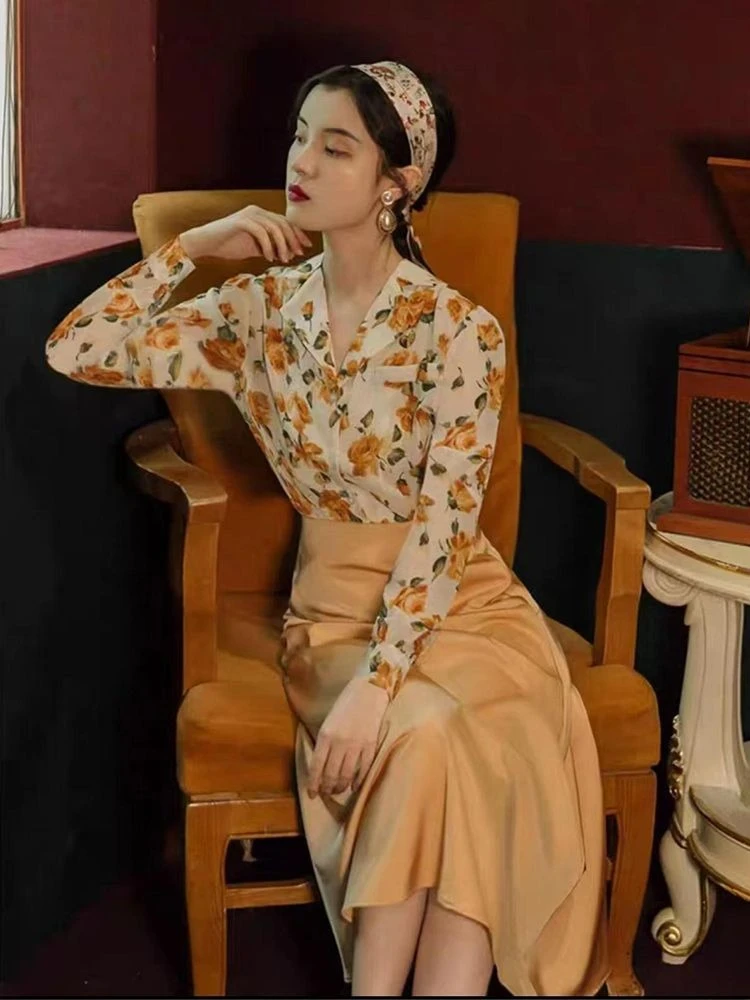 

2026 New Women Summer Fashion Set Korean Style Short Sleeve Floral Print Shirt High Waist Skirt Slim Fit Two Piece